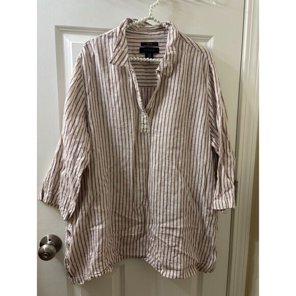 Tahari Pullover Tunic Linen vertical red Striped white  3/4 Sleeve 1X oversized - Picture 1 of 8